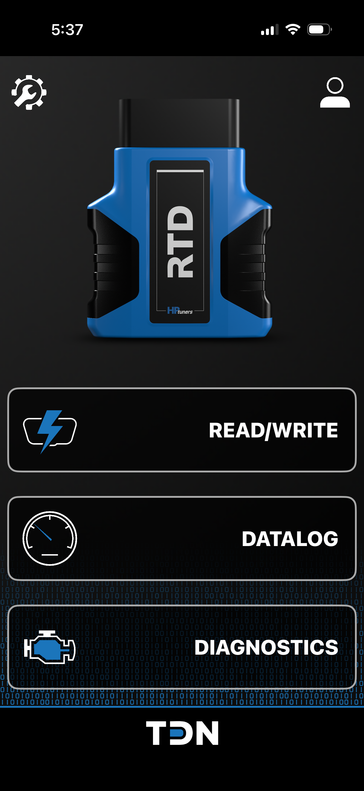 TDN app home screen with Read/Write, Datalog, and Diagnostics