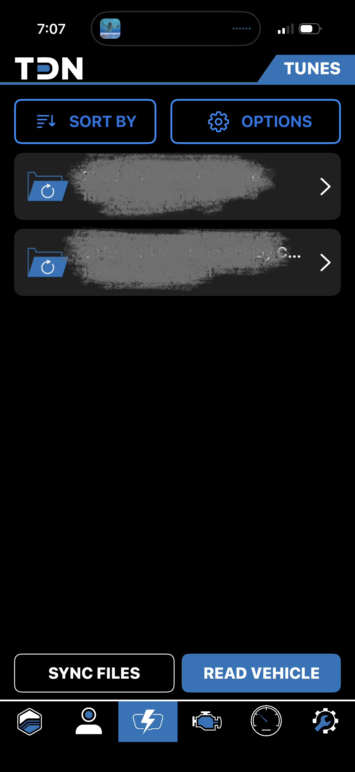 Tunes tab with Sync Files and Read Vehicle buttons