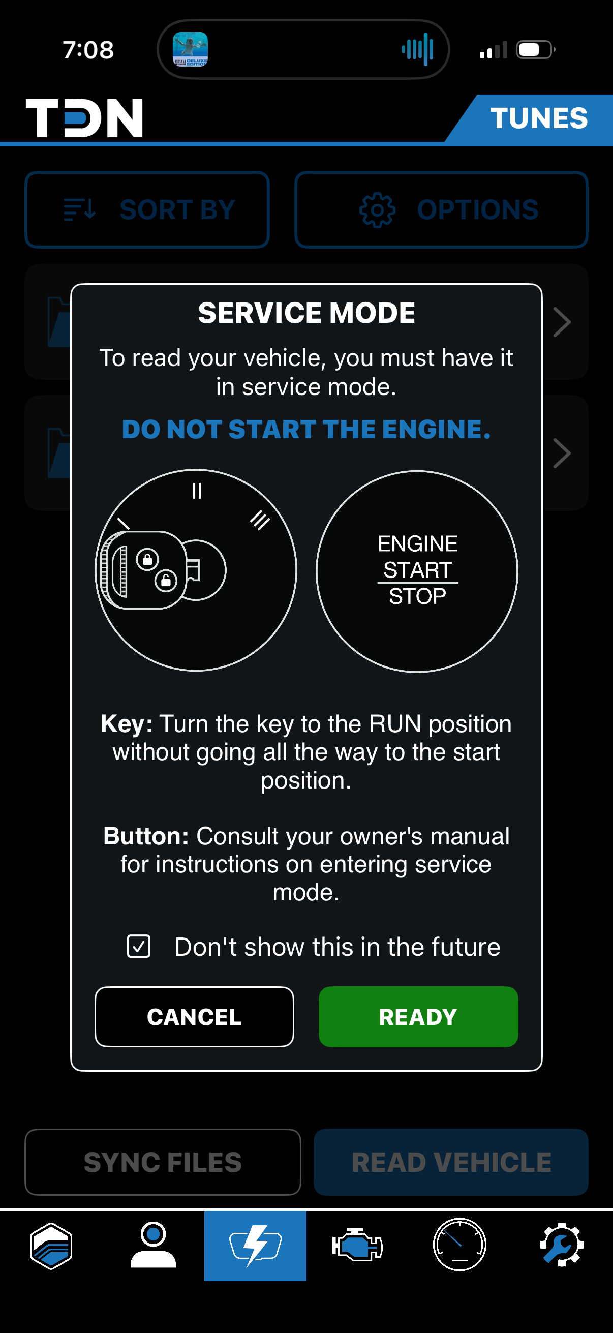 Service Mode instructions, do not start the engine