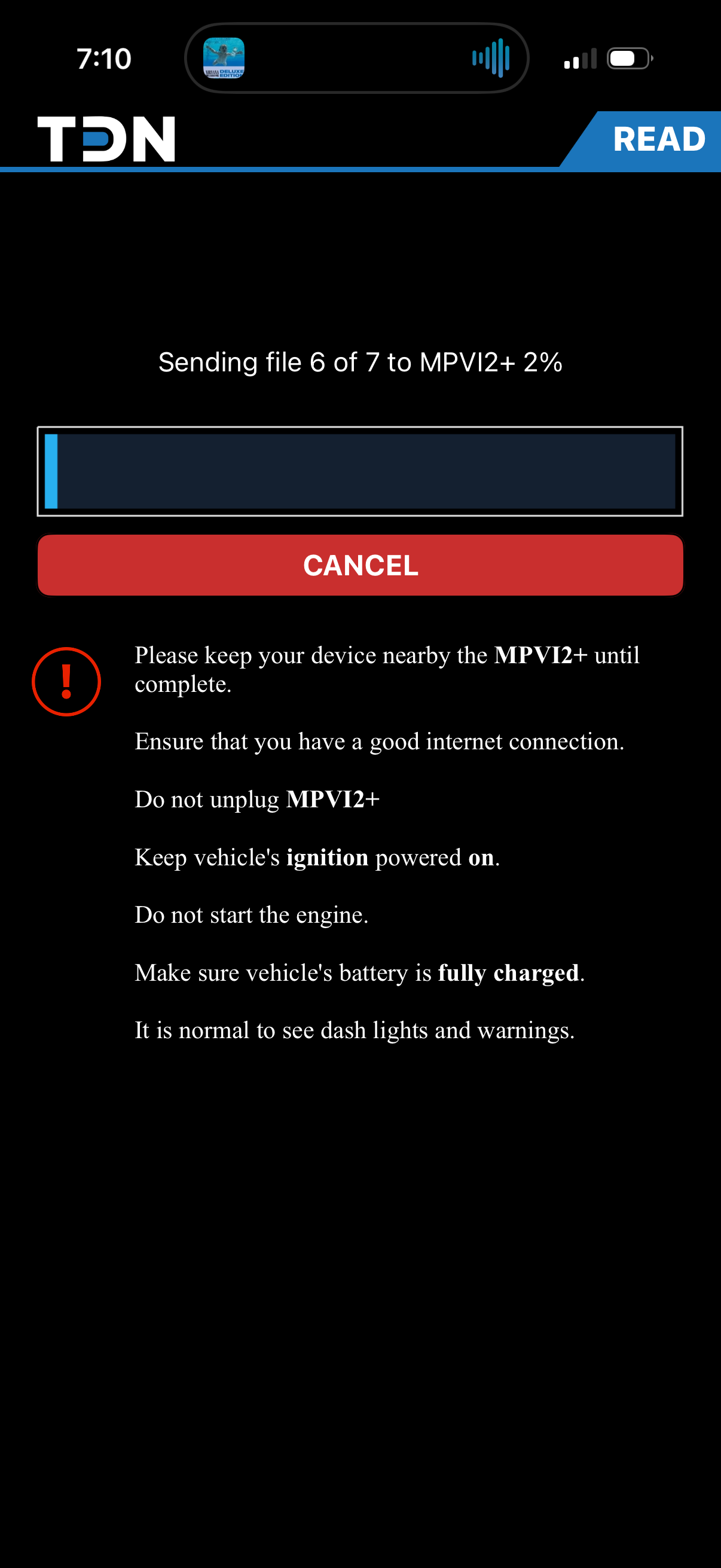 Sending files to MPVI2+ progress screen