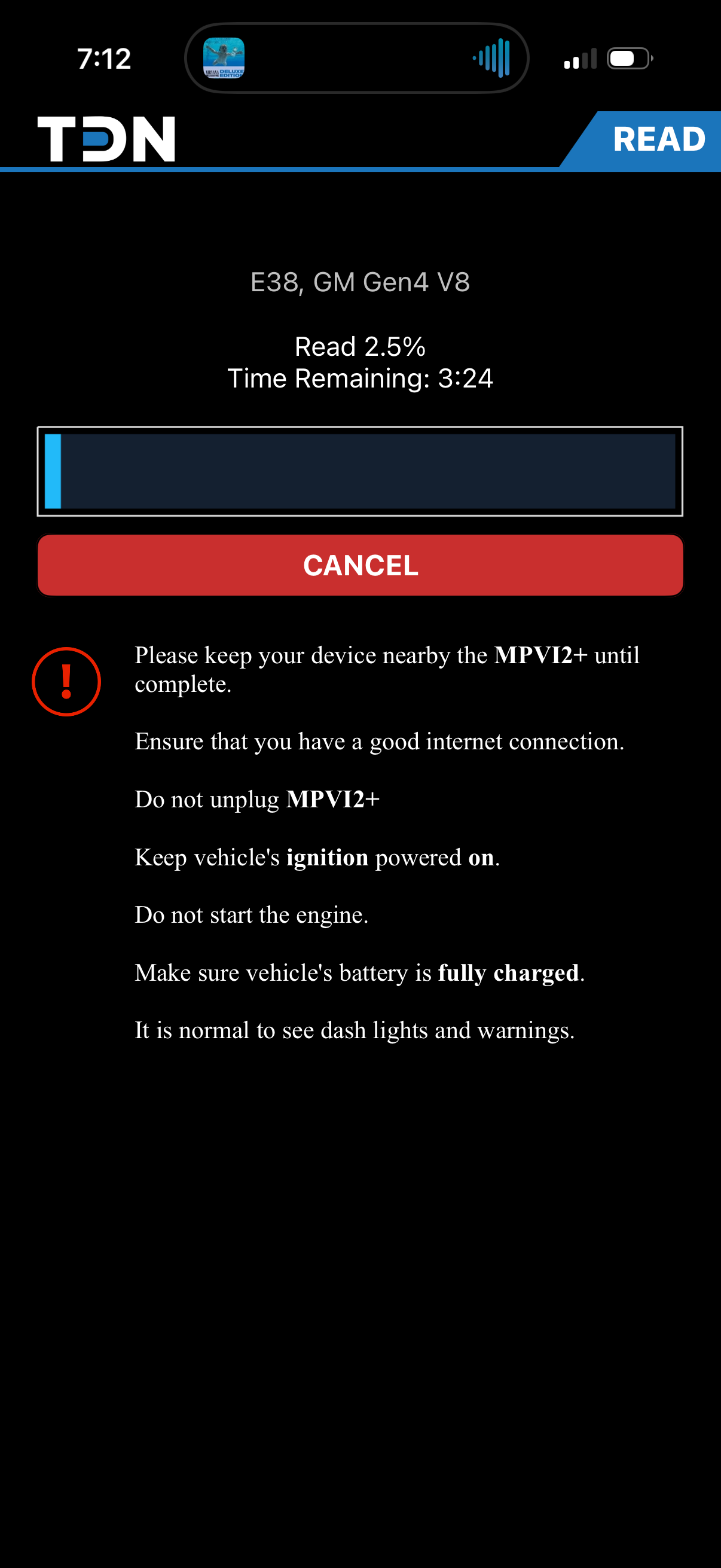 Reading the vehicle, progress and time remaining